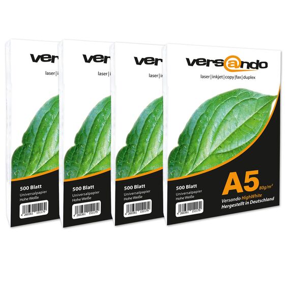versando 2.000 Blatt Papier DIN A5 HighWhite 80 Druckerpapier Universalpapier Kopierpapier hochweiß (148 x 210 mm)