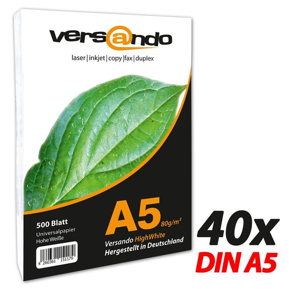 versando 20.000 Blatt Papier DIN A5 HighWhite 80 Druckerpapier Universalpapier Kopierpapier hochweiß (148 x 210 mm) 4 Kartons