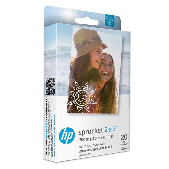 HP Sprocket Premium Zink vorgeschnittenes, selbstklebendes Fotopapier, 2 x 3 Zoll (5,1 x 7,5 cm), 20 Blatt, kompatibel mit HP Sprocket Fotodruckern