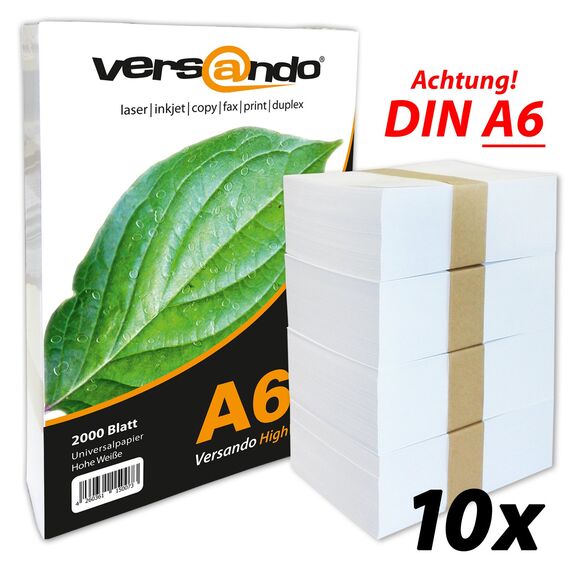 versando 20.000 Blatt Papier DIN A6 HighWhite 80 Druckerpapier Universalpapier Kopierpapier Rezeptpapier hochweiß (105 x 148 mm) 2 Karton