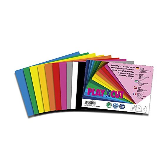 PLAY-CUT Fotokarton A6 Set (300g/m2) | 50 Bogen Din A6 Foto Karton Bunt mit 10 Verschiedenen Farben | Dickes Foto Papier | Premium Druckerpapier Dicke Stärke | Karton zum Basteln Drucken