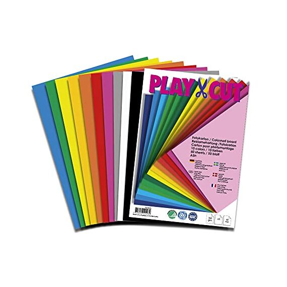 PLAY-CUT Fotokarton A5 Set (300g/m2) | 50 Bogen Din A5 Foto Karton Bunt mit 10 Verschiedenen Farben | Dickes Foto Papier | Premium Druckerpapier Dicke Stärke | Karton zum Basteln Drucken