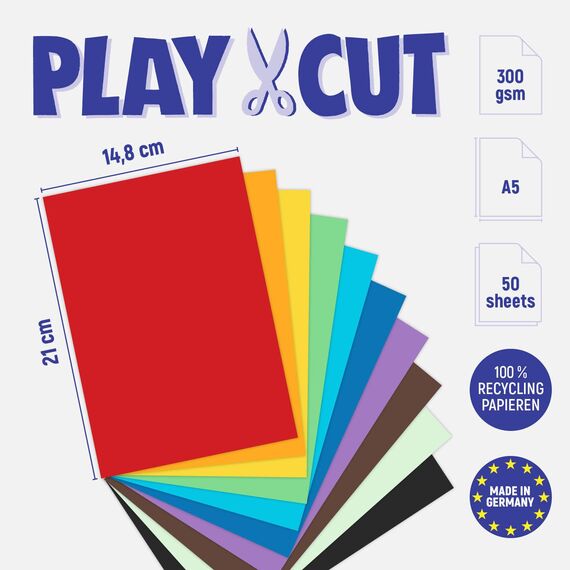 PLAY-CUT Fotokarton A5 Set (300g/m2) | 50 Bogen Din A5 Foto Karton Bunt mit 10 Verschiedenen Farben | Dickes Foto Papier | Premium Druckerpapier Dicke Stärke | Karton zum Basteln Drucken