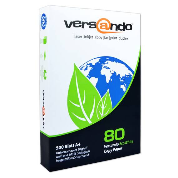 versando 1.500 Blatt Recyclingpapier DIN A4 EcoWhite 80g Druckerpapier hohe Weiße ISO 90 - Blauer Engel zertifiziert - Umweltpapier in der Saferbox