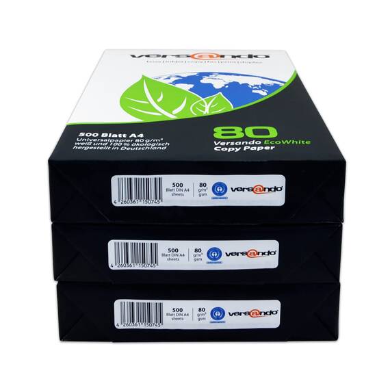 versando 1.500 Blatt Recyclingpapier DIN A4 EcoWhite 80g Kopierpapier Druckerpapier Öko hohe Weiße ISO 90 - Blauer Engel zertifiziert - Umweltpapier