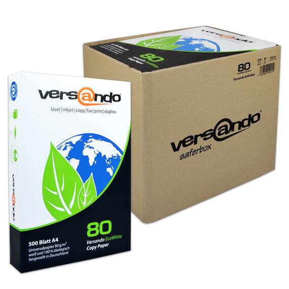 versando 2.500 Blatt Recyclingpapier DIN A4 EcoWhite 80g Kopierpapier Druckerpapier Öko hohe Weiße ISO 90 - Blauer Engel zertifiziert - Umweltpapier in der Saferbox