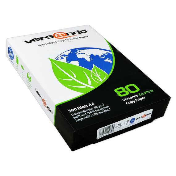 versando 500 Blatt Recyclingpapier DIN A4 EcoWhite 80g Kopierpapier Druckerpapier Öko hohe Weiße ISO 90 - Blauer Engel zertifiziert - Umweltpapier