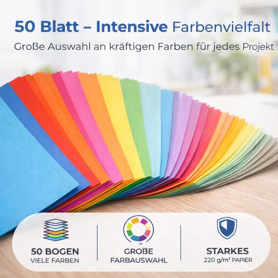 50 Blatt A4 Tonpapier - 220 g/m² Papier - Tonkarton mit 10 Farben bunt Bastelpapier & Bastelkarton zum Basteln & Gestalten - Buntes Papier