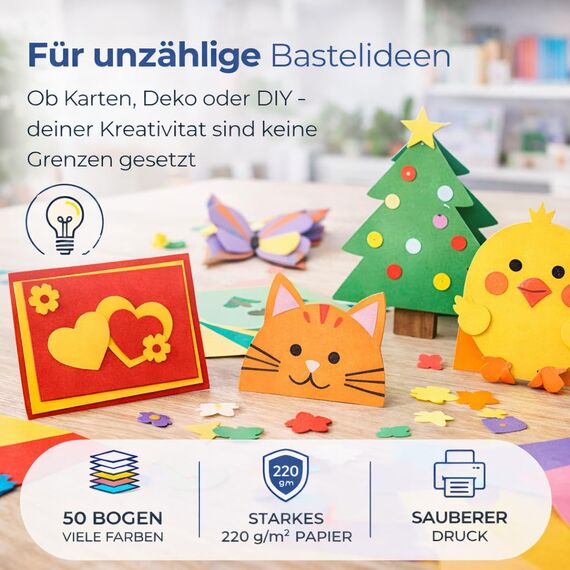50 Blatt A4 Tonpapier - 220 g/m² Papier - Tonkarton mit 10 Farben bunt Bastelpapier & Bastelkarton zum Basteln & Gestalten - Buntes Papier