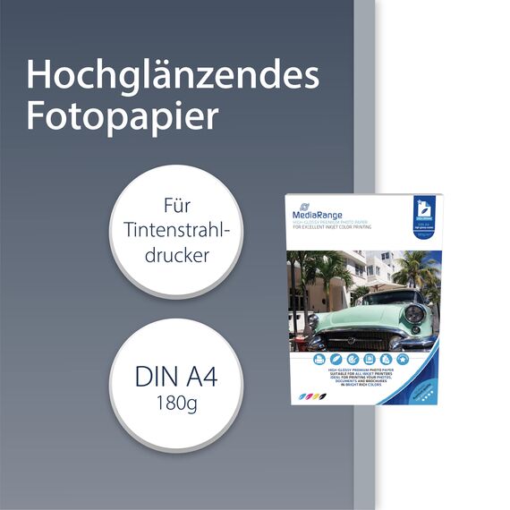 MediaRange DIN A4 Fotopapier für Tintenstrahldrucker, hochglänzend, 180g, 50 Blatt