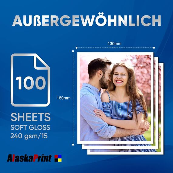 100 Blatt Fotopapier 13x18 glänzend 240g/m² Photopapier für Tintenstrahldrucker Sofort Trocken Wasserfest Hochglänzend Hochweiß
