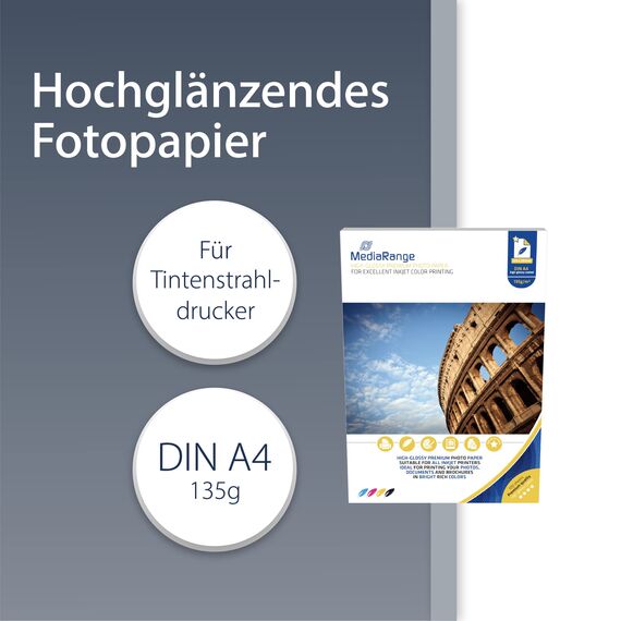 MediaRange DIN A4 Fotopapier für Tintenstrahldrucker, hochglänzend, 135g, 100 Blatt (Packung mit 2)