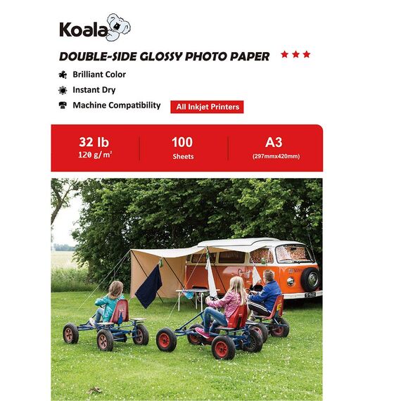 Koala Fotopapier für Tintenstrahldrucker, Doppelseitig, Glänzend, A3, 120 g/m², 100 Blatt. Geeignet zum Drucken von Fotos, Zertifikaten, Broschüren, Flyern, Faltblättern, Grußkarten, Kalendern, Kunst