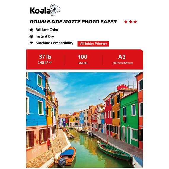 Koala Fotopapier für Tintenstrahldrucker, Doppelseitig, Matt, A3, 140 g/m², 100 Blatt. Geeignet zum Drucken von Fotos, Zertifikaten, Broschüren, Flyern, Faltblättern, Grußkarten, Kalendern, Kunst