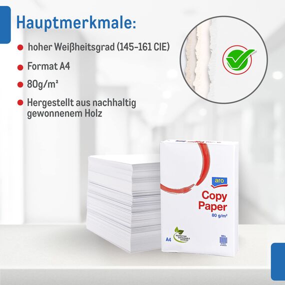 aro Kopierpapier DIN A4, 80 g/m², weiß, Weißgrad von 145-161 CIE, 5 x 500 Blatt (2500 Blatt), für Laserdrucker & Tintenstrahldrucker, Home Office & Büro