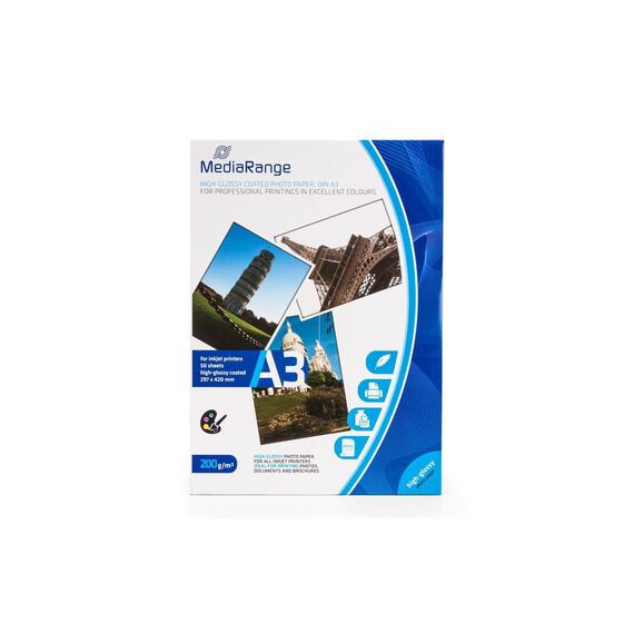 MediaRange DIN A3 Fotopapier für Tintenstrahldrucker, hochglänzend, 200g, 50 Blatt
