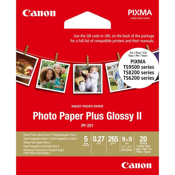 Canon Fotopapier PP-201 Plus Glossy II - 8,9 x 8,9 cm, 20 Blatt (265 g/qm) für Tintenstrahldrucker 2311B070 Weiß