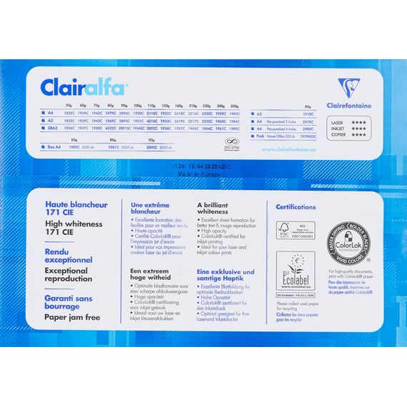 Clairefontaine 1979C - Ries Druckerpapier / Kopierpapier Clairalfa, extraweiß, DIN A4, 80g, 500 Blatt, Weiß, 1 Ries