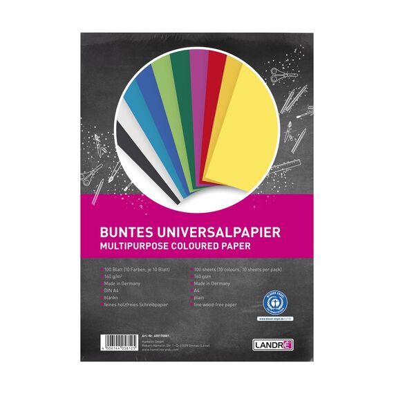 Landré 100 Blatt A4 buntes Ton-Papier, 160g/m², DIY- Material, 10 Farben