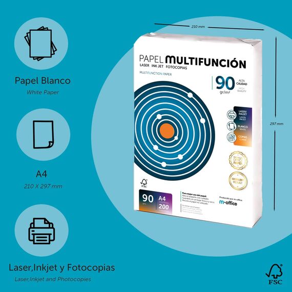 Folios A4, 90 g, 200 Blatt, Mehrzweckpapier für Drucker, Laserdrucker und Injektionsdrucker, Kopierer, Fax, für Büro, Schulbedarf, Blattpaket, m-office (200 Blatt, 90 g)
