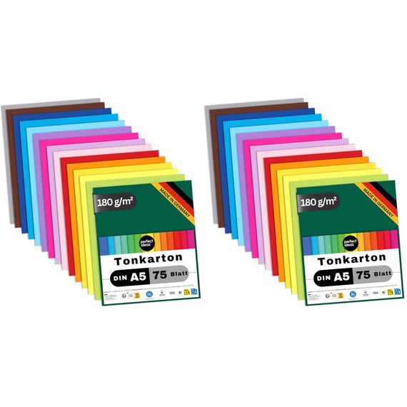 perfect ideaz 75 Blatt Tonkarton DIN-A5, 15 Farben, 180 g/m², made in Germany, Blauer Engel zertifiziert (15 Farben) (Packung mit 2)