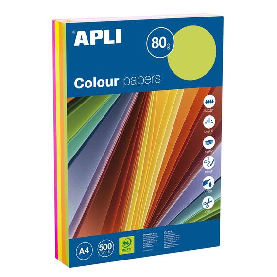 APLI 15287- farbig sortiertes Papier, fluoreszierende Farbtöne, A4, 80g, 500 Blatt