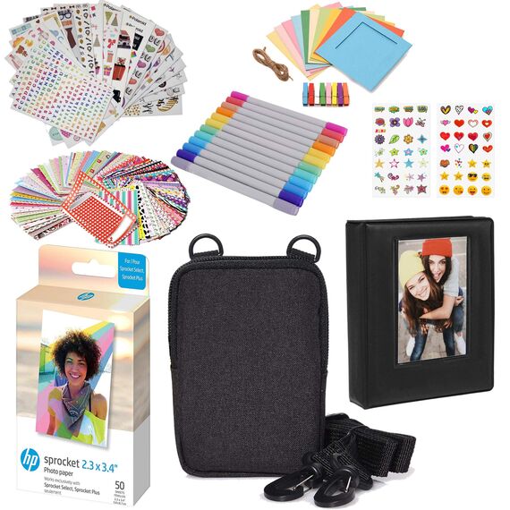 HP Premium Zink Fotopapier, 5,8 x 8,6 cm, Zubehör-Set mit Fotoalbum, Etui, Aufklebern, Markern