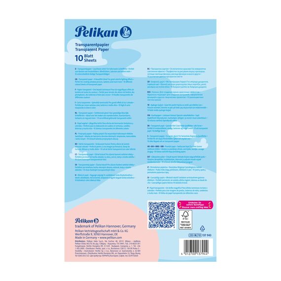 Pelikan Transparentpapier in Mappe, 18,5 x 29,7 cm, 10 Blatt, hochwertiges Transparent-Zeichenpapier für Schule, Basteln & Zeichnen