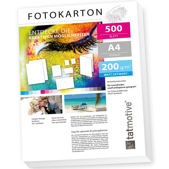 TATMOTIVE FA4200M500 Fotokarton Fotopapier 200g matt weiß/Laserdrucker/DIN A4 / Beidseitig bedruckbar / 500 Blatt