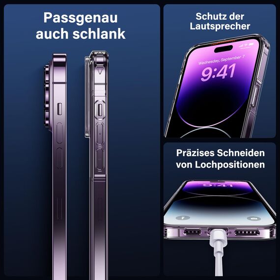 UniqueMe für iPhone 14 Pro Max Hülle, 5-in-1-Set Handyhülle für iPhone 14 Pro Max Case Rundumschutz Schutzhülle Cover, 1 Handyhülle & 2 Schutzfolie & 2 Kameraschutz - Transparent