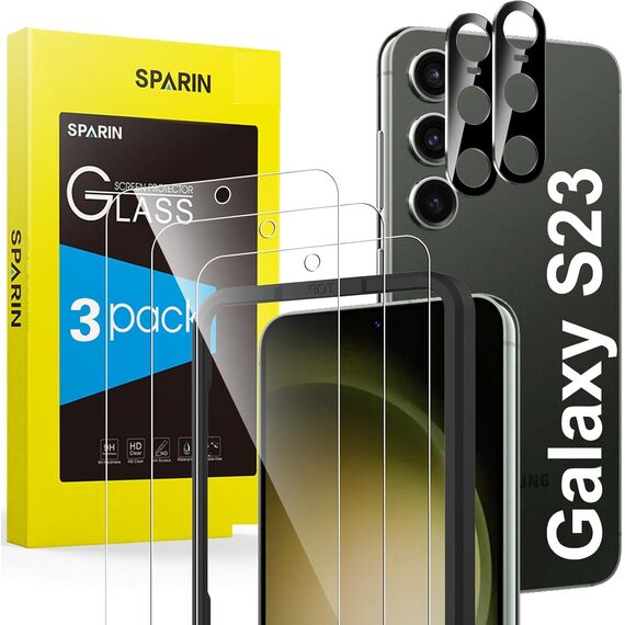 SPARIN 3+2 Stück Schutzfolie für Samsung Galaxy S23, 3 Stück Samsung S23 Panzer Schutz Glas und 2 Stück Kameraschutz, mit Rahmen Positionierhilfe, Fingerabdruck-ID Unterstützen, HD-Klar