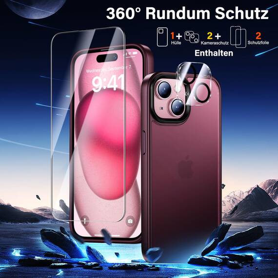 UniqueMe für iPhone 15 Hülle, 5-in-1-Set Handyhülle für iPhone 15 Case Rundumschutz Schutzhülle Cover,1 Handyhülle & 2 Schutzfolie & 2 Kameraschutz - Matt Rot