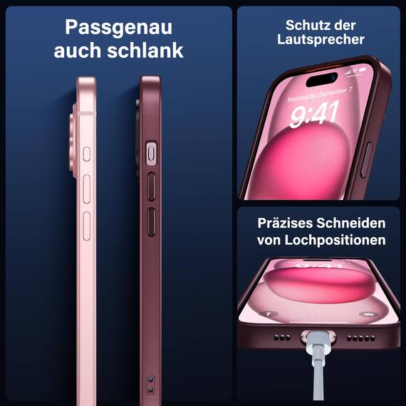 UniqueMe für iPhone 15 Hülle, 5-in-1-Set Handyhülle für iPhone 15 Case Rundumschutz Schutzhülle Cover,1 Handyhülle & 2 Schutzfolie & 2 Kameraschutz - Matt Rot