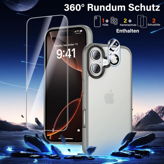 UniqueMe für iPhone 16 Hülle, 5-in-1-Set Handyhülle für iPhone 16 Case Rundumschutz Schutzhülle Cover,1 Handyhülle & 2 Schutzfolie & 2 Kameraschutz - Matt Grau