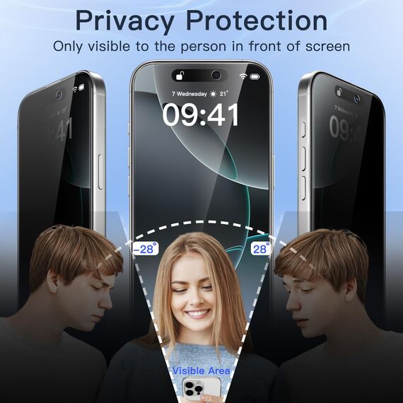 JETech Sichtschutz für iPhone 16 Pro 6,3 Zoll mit Kameraschutz, Anti-Spy Gehärtete Glas Schutzfolie, Einfaches Installationswerkzeug, 2 Stück Jeweils