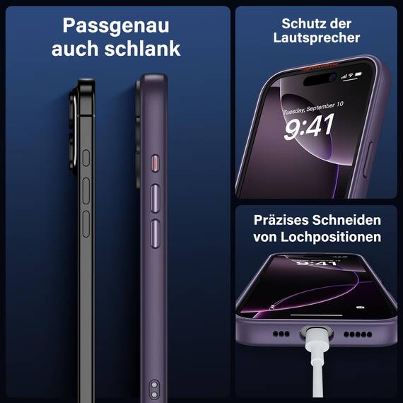 UniqueMe für iPhone 16 Hülle, 5-in-1-Set Handyhülle für iPhone 16 Case Rundumschutz Schutzhülle Cover,1 Handyhülle & 2 Schutzfolie & 2 Kameraschutz - Matt Lila