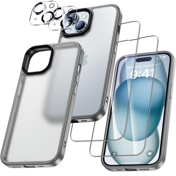 UniqueMe für iPhone 15 Hülle, 5-in-1-Set Handyhülle für iPhone 15 Case Rundumschutz Schutzhülle Cover,1 Handyhülle & 2 Schutzfolie & 2 Kameraschutz - Matt Grau