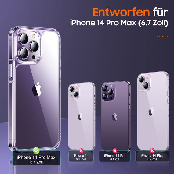 UniqueMe für iPhone 14 Pro Max Hülle, 5-in-1-Set Handyhülle für iPhone 14 Pro Max Case Rundumschutz Schutzhülle Cover, 1 Handyhülle & 2 Schutzfolie & 2 Kameraschutz - Transparent