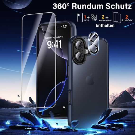 UniqueMe für iPhone 16 Hülle, 5-in-1-Set Handyhülle für iPhone 16 Case Rundumschutz Schutzhülle Cover,1 Handyhülle & 2 Schutzfolie & 2 Kameraschutz - Matt Blau