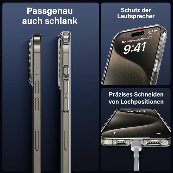 UniqueMe für iPhone 15 Pro Hülle, Handyhülle für iPhone 15 Pro Case Rundumschutz Schutzhülle Cover, 1 Handyhülle & 2 Schutzfolie - Transparent