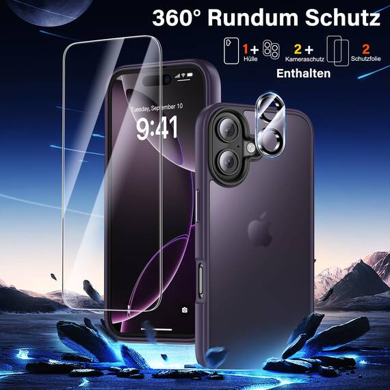 UniqueMe für iPhone 16 Hülle, 5-in-1-Set Handyhülle für iPhone 16 Case Rundumschutz Schutzhülle Cover,1 Handyhülle & 2 Schutzfolie & 2 Kameraschutz - Matt Lila