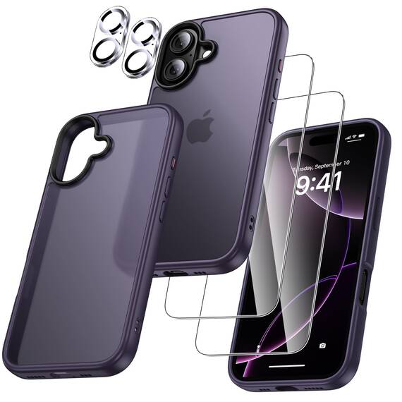 UniqueMe für iPhone 16 Hülle, 5-in-1-Set Handyhülle für iPhone 16 Case Rundumschutz Schutzhülle Cover,1 Handyhülle & 2 Schutzfolie & 2 Kameraschutz - Matt Lila