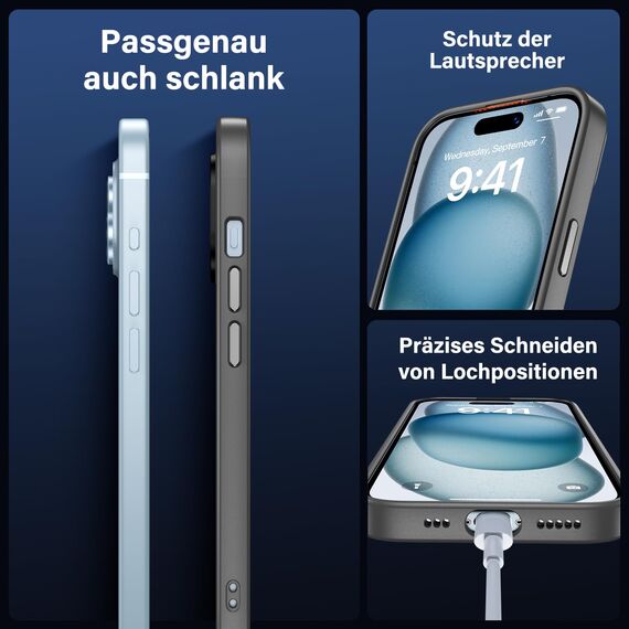 UniqueMe für iPhone 15 Hülle, 5-in-1-Set Handyhülle für iPhone 15 Case Rundumschutz Schutzhülle Cover,1 Handyhülle & 2 Schutzfolie & 2 Kameraschutz - Matt Grau