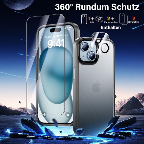 UniqueMe für iPhone 15 Hülle, 5-in-1-Set Handyhülle für iPhone 15 Case Rundumschutz Schutzhülle Cover,1 Handyhülle & 2 Schutzfolie & 2 Kameraschutz - Matt Grau