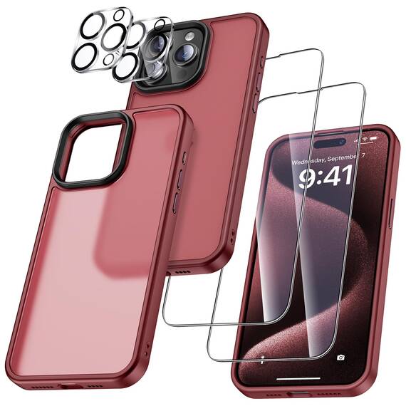 UniqueMe für iPhone 15 Pro Max Hülle, 5-in-1-Set Handyhülle für iPhone 15 Pro Max Case Rundumschutz Schutzhülle Cover,1 Handyhülle & 2 Schutzfolie & 2 Kameraschutz - Matt Rot