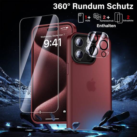 UniqueMe für iPhone 15 Pro Max Hülle, 5-in-1-Set Handyhülle für iPhone 15 Pro Max Case Rundumschutz Schutzhülle Cover,1 Handyhülle & 2 Schutzfolie & 2 Kameraschutz - Matt Rot