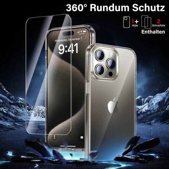 UniqueMe für iPhone 15 Pro Hülle, Handyhülle für iPhone 15 Pro Case Rundumschutz Schutzhülle Cover, 1 Handyhülle & 2 Schutzfolie - Transparent
