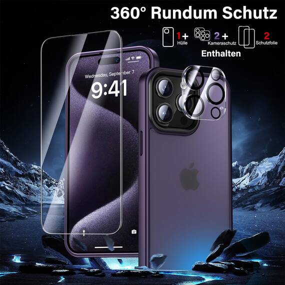 UniqueMe für iPhone 15 Pro Max Hülle, 5-in-1-Set Handyhülle für iPhone 15 Pro Max Case Rundumschutz Schutzhülle Cover,1 Handyhülle & 2 Schutzfolie & 2 Kameraschutz - Matt Lila
