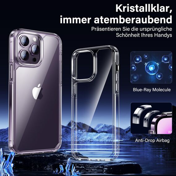 UniqueMe für iPhone 14 Pro Max Hülle, 5-in-1-Set Handyhülle für iPhone 14 Pro Max Case Rundumschutz Schutzhülle Cover, 1 Handyhülle & 2 Schutzfolie & 2 Kameraschutz - Transparent