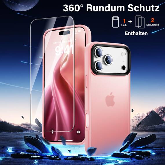 UniqueMe für iPhone 17 Pro Max Hülle - Handyhülle für iPhone 17 Pro Max Case, Rundumschutz Hülle Set Schutzhülle Cover, 1 Handyhülle & 2 Schutzfolie - Matt Rosa